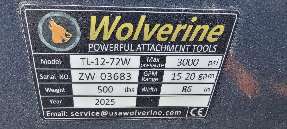 2025 Wolverine TL-12-72W Skid Steer Tiller (Unit 2)